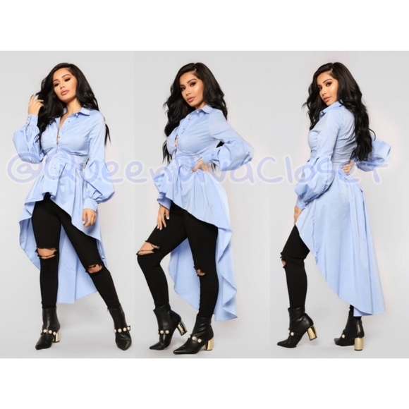 Hi lo blue peplum button shirt blouse long sleeve - Picture 4 of 9